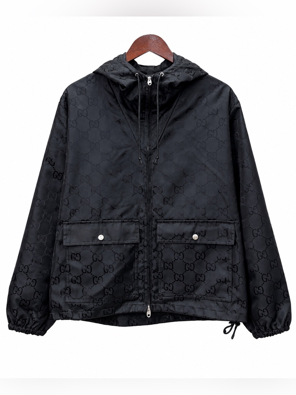 Gucci Black Hooded Zip-Front Windbreaker with Subtle GG Monogram